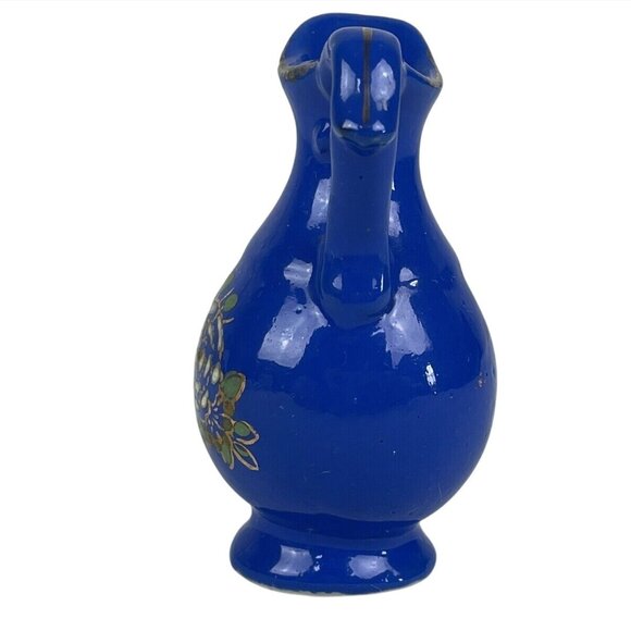 Vintage Blue Ceramic Pitcher With Hand-Painted Floral Design Japan 2.5" Tall - Picture 4 of 8